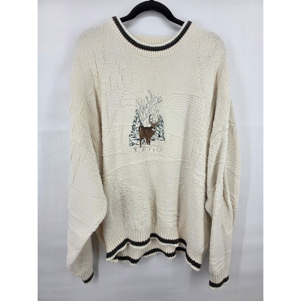 Fieldmaster Vintage Mens 3XL Cotton Knit Deer Embroidered Sweater Cream Made USA